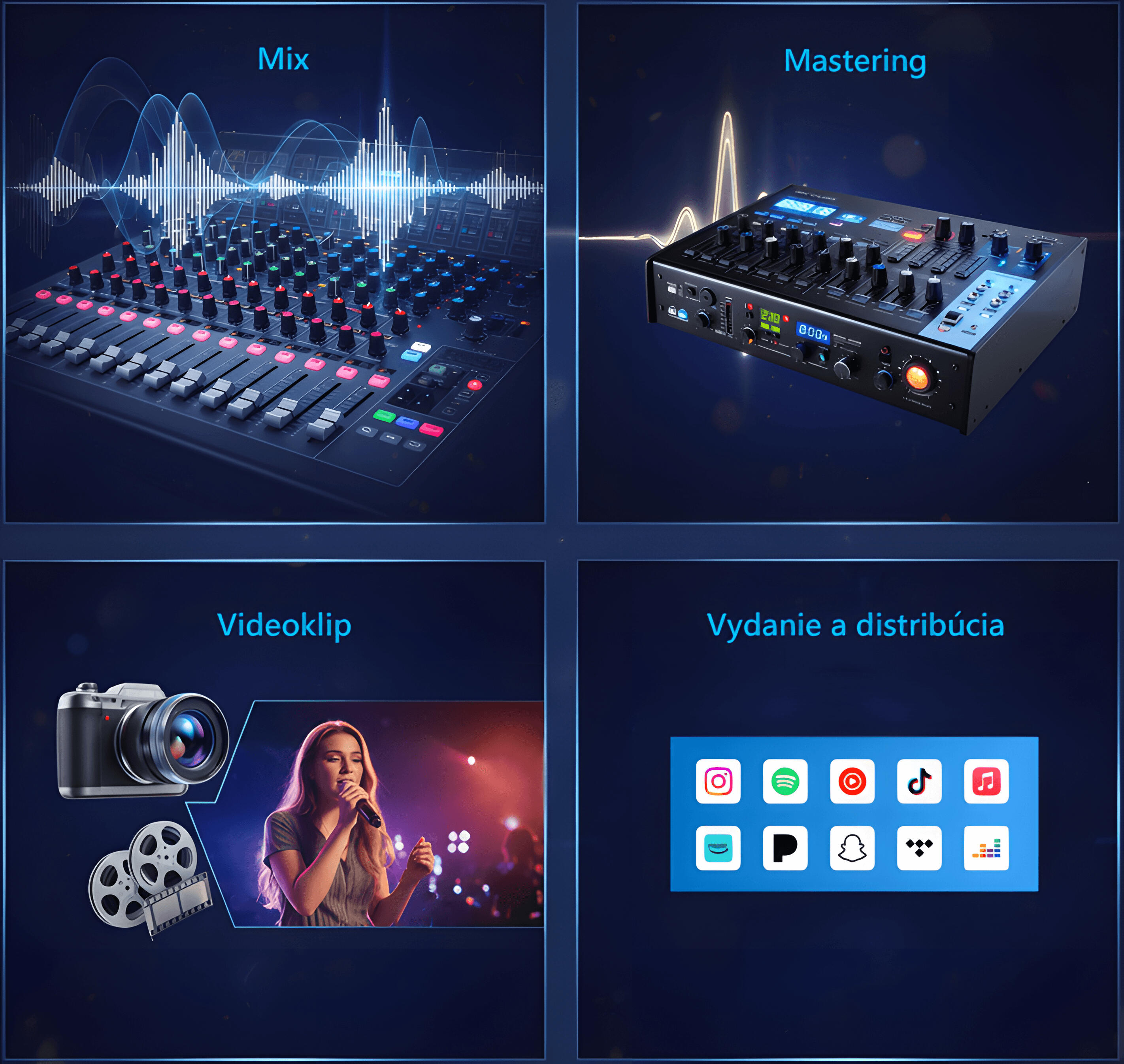 Mixing & High-End Mastering + videoklip a distribúcia tvojej hudby. Digitálny mixpult so zvukovou vlnou a farebnými svetlami, Masteringový hardvér so svietiacimi displaymi, Ikony hudobných platforiem ako Spotify, YouTube, Apple Music a TikTok. Online Mastering SK. Top Mixing & High-End Mastering + videoklip